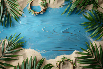 beautiful blue wooden background framed by green plants on the sand, summer travel concept, boat side with a place for the text