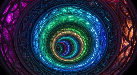 Chromatic Vortex: A mesmerizing, multi-hued tunnel crafted from intricate architectural designs and illuminated with vibrant colors, creating a sense of wonder.