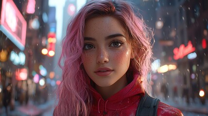 Portrait of a Girl with Dreamy Eyes and Pink Hair Surrounded by a Soft Blurred Bokeh Background