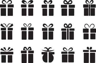 Fifteen Black Gift Box Icons Present, Ribbon, Holiday, Surprise.