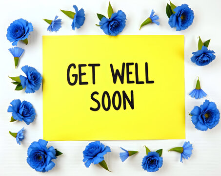 blue camations, yellow card with "GET WELL SOON" text, natural lighting, artistic, minimalist, high quality, detailed