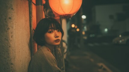 Portrait of a Japanese Girl Resting Against a Lantern in an Urban Night Setting