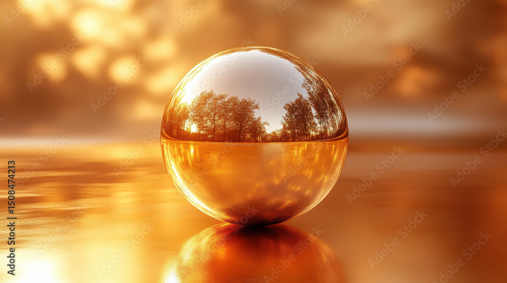 Poster golden reflective sphere in dawn light 3d render with glassy reflection