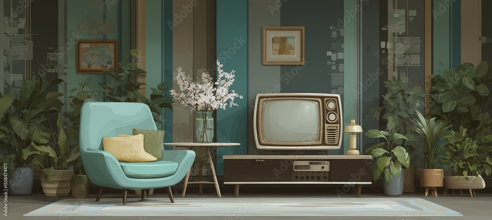 Poster an abstract and colorful digital artwork, generated by ai, displays a retro room style background fi
