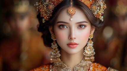 Portrait of a Javanese Bride in Traditional Wedding Attire with Ornate Jewelry and Elegant Expression