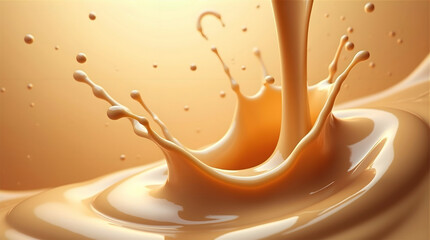 creamy coffee milk golden caramel dynamic splash effects swirling mid-air artistic energetic composition warm browns beige caramel tones soft lighting gentle gradients cozy delicious shop poster