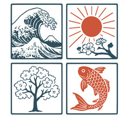 Japan, Nippon, Nihon, Asia, Waves, Mount Fuji, Blossoms, Sun and Koi Fish