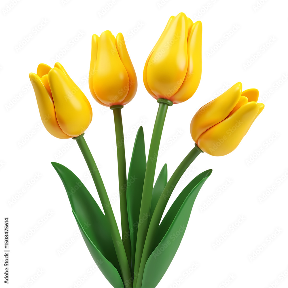Poster a close up view of four yellow tulips with green stems and leaves against a black background space a