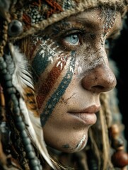 Portrait of a Modern Shaman Woman with Elaborate Face Paint and Tribal Accessories