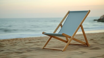 compact beach chair unfolded on golden sand beach near calm sea tropical background