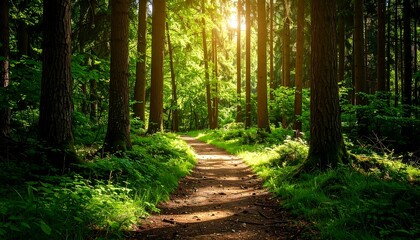 Sunlit path through dense, green forest
