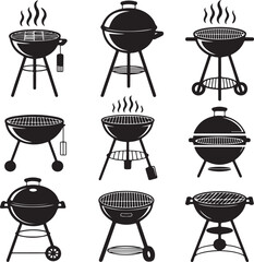 Nine Black Grills BBQ, Kettle, Smoker, Outdoor Cooking Icons.