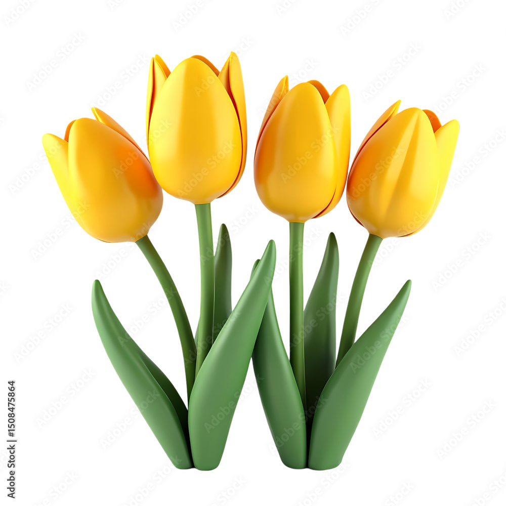 Poster a group of four yellow tulip flowers with green stems and leaves on a black background in a simple s