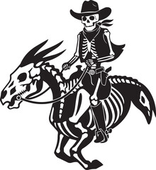 A striking and dynamic vector illustration depicting a skeleton cowboy, complete with hat, bandana, vest, and boots, riding a fierce skeletal horse.