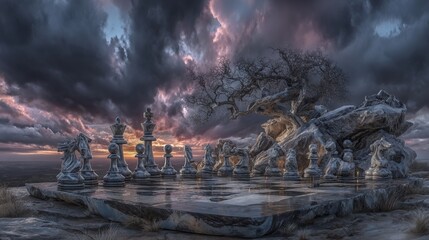 An artificially intelligent creation featuring a medieval castle and chess pieces, illustrating the calculated moves and strategic battles of a bygone era