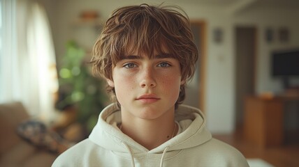 Portrait of a Scandinavian Teenager in Soft Cotton Hoodie with Natural Light in Indoor Setting