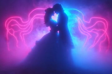 A couple's intimate hug within a dreamlike blue waterscape stirs emotions of love, serenity, and fantasy