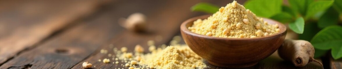 Wooden bowl of ashwagandha powder, roots nearby, energy, health