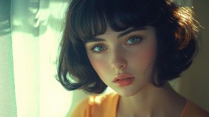 Portrait of a Slovak Girl with Retro-Style Bangs in Soft Natural Light from a Window