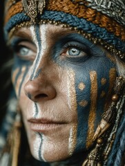Portrait of a Modern Shaman Woman with Painted Face in Intense Expression and Cultural Accessories