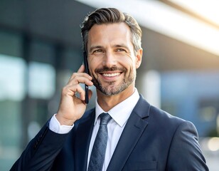 Smiling businessman in suit talking on phone outdoors
