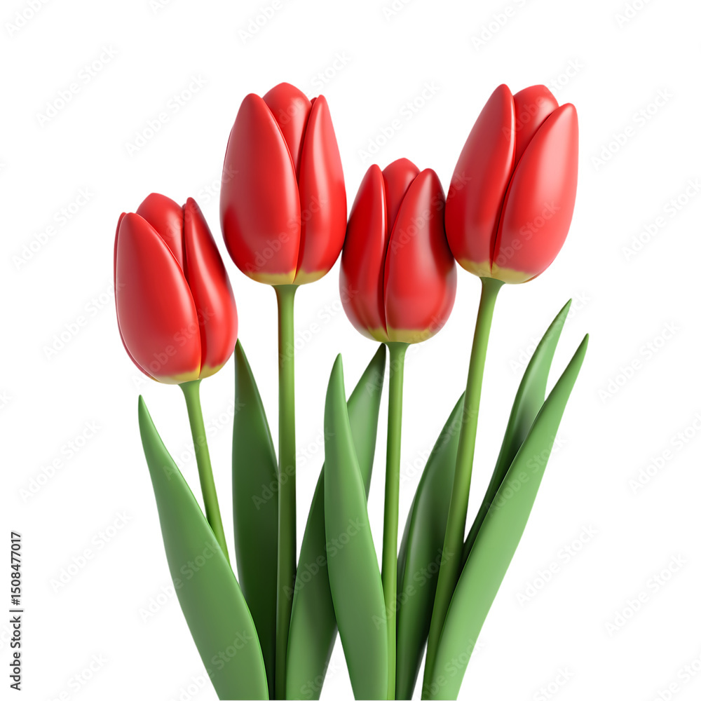 Poster a digitally rendered image of four red tulip flowers with green stems and leaves on a black backgrou