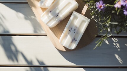 Homemade yogurt popsicles with strawberries and chia seeds on a rustic table under bright summer sunlight