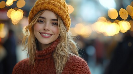 Portrait of a Smiling Woman in a Cozy Knit Sweater and Yellow Beanie with Bokeh Lights in a City