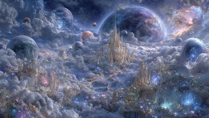 Witness a stunningly imaginative realm where radiant clouds converge with a far-off metropolis of luminosity