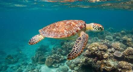 Fototapeta premium Majestic Sea Turtle Gracefully Navigating a Vibrant Coral Reef