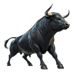 Fototapeta premium Powerful Bull in a Stance: A formidable bull with muscular physique and imposing horns charges forward. It symbolizes strength, determination, and untamed power.
