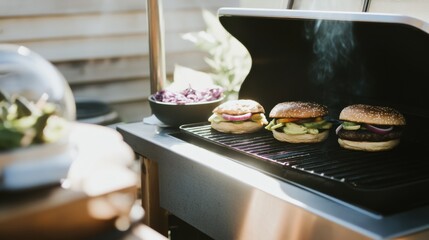 Summer BBQ featuring vegan grilling in a rustic backyard with plant based burgers topped with fresh ingredients