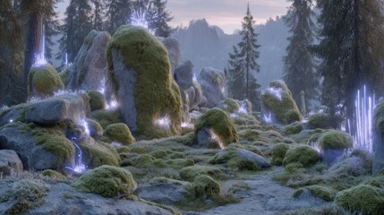 A mystical woodland with radiant trees illuminating a soft glow on a carpet of moss