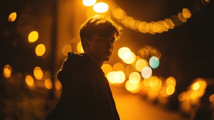 Portrait of a Teenage Boy Under a Streetlight at Night with Bokeh Lights in an Urban Setting