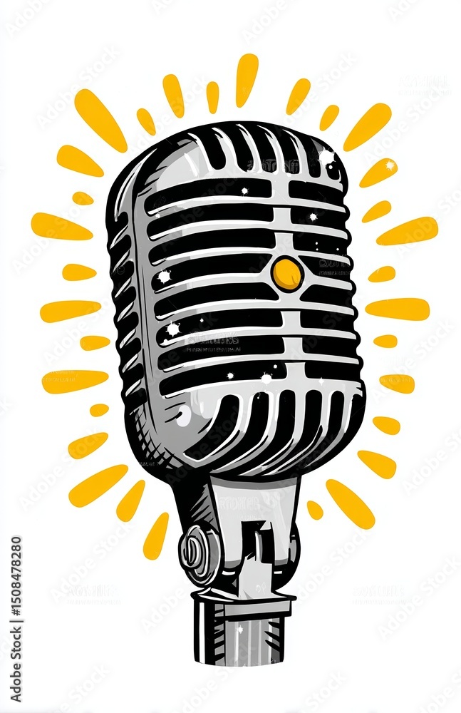 Poster a retro microphone serves as a collage element set against a transparent background, also described 