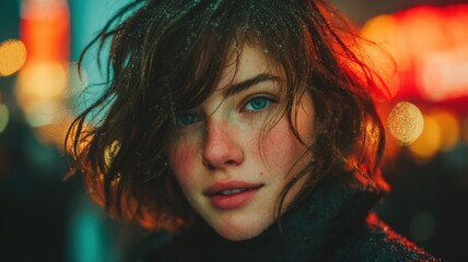 Portrait of a Teenage Girl with Soft Expression and Blue Eyes in a Vibrant Urban Environment at Night