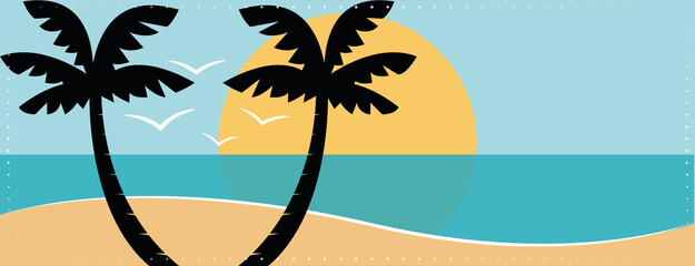 Colorful summer vacation banner with palm trees on the beach. Hand drawn illustration. 