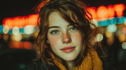 Portrait of a Teenage Girl with Soft Expression and Freckles Against a Night Bokeh Background