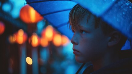 Portrait of a Thoughtful Boy Under a Blue Umbrella on a Rainy Evening with Lanterns