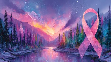 A surreal image of a fantasy landscape featuring a pink ribbon entwined with a tree, surrounded by lush pink foliage and a dramatic sky, evoking a sense of wonder