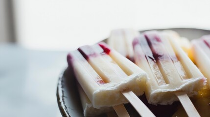 Homemade summer fruit popsicles with vibrant layers of raspberry, coconut, and pineapple melting on a rustic plate