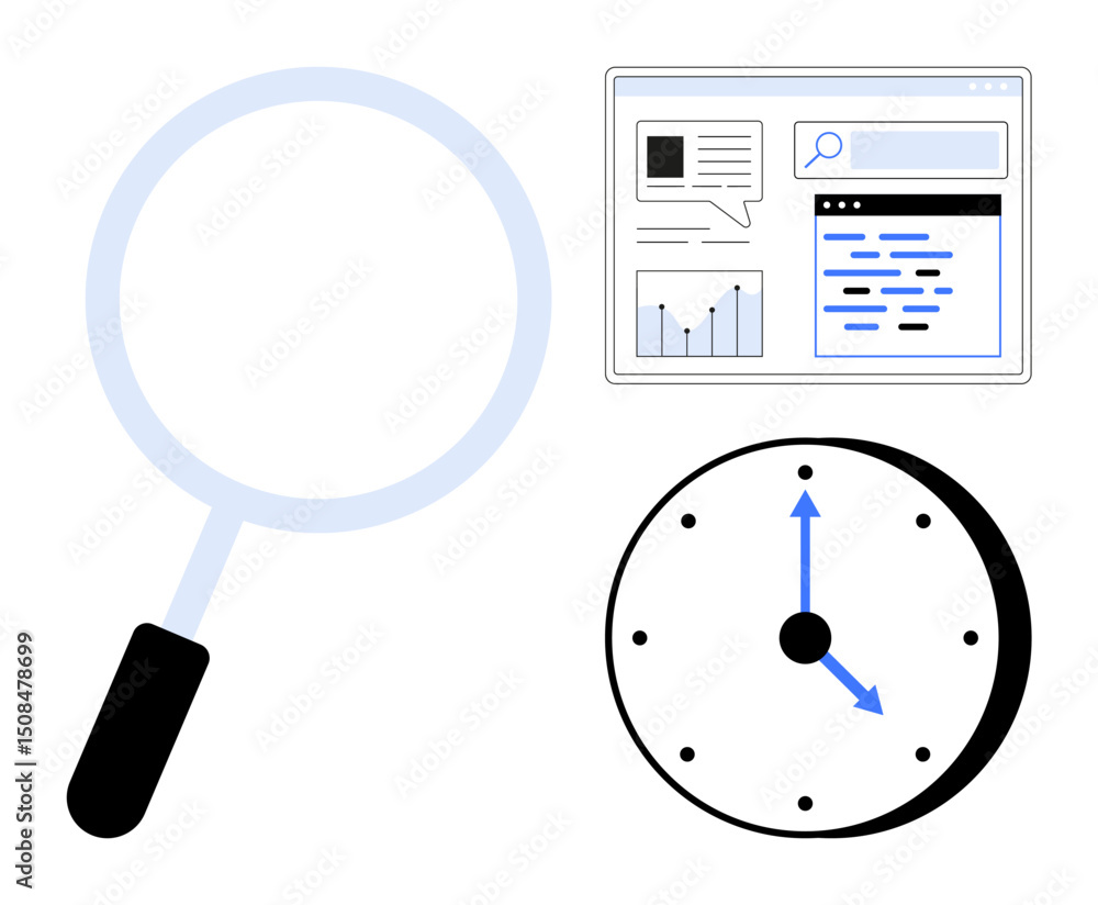 Aufkleber magnifying glass, analytics dashboard with charts and graphs, and clock symbolizing analysis, time m