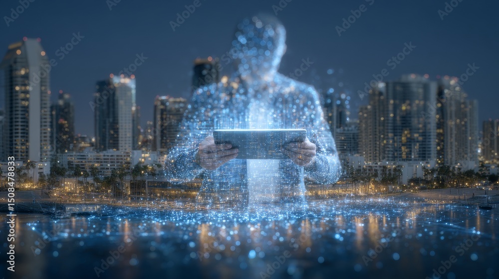 Aufkleber in the digital transformation era, a man is shown using a digital tablet with cutting-edge future te