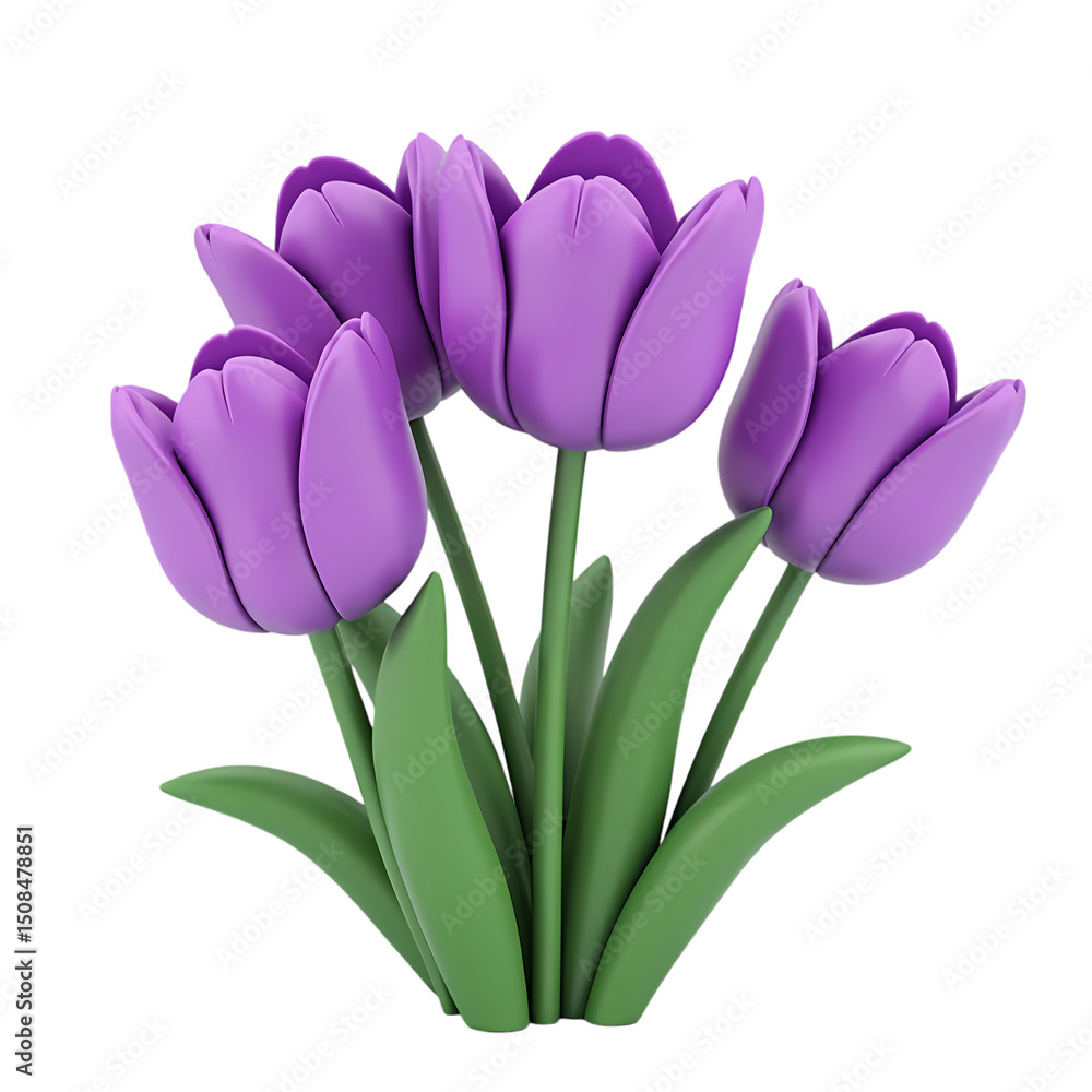 Poster a cluster of four purple tulips with green stems and leaves isolated on a black background render is