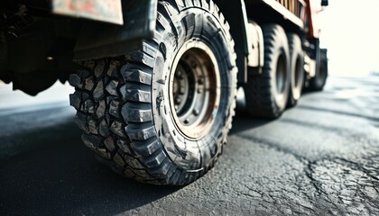 Close-up of large vehicle tire on industrial truck for transportation and construction, with copy space