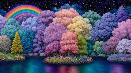 This neon forest is characterized by its surreal and vibrant atmosphere, complete with glowing trees and a variety of colorful plants, neon, forest, surreal, vibrant, glowing, trees