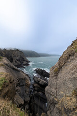 Dramatic cliffs overlooking foggy ocean coastline in new zealand