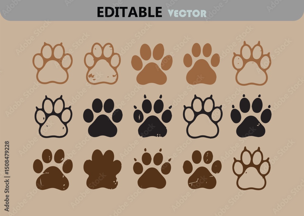 Poster collection of animal paw prints in various styles and colors on a neutral background editable vector