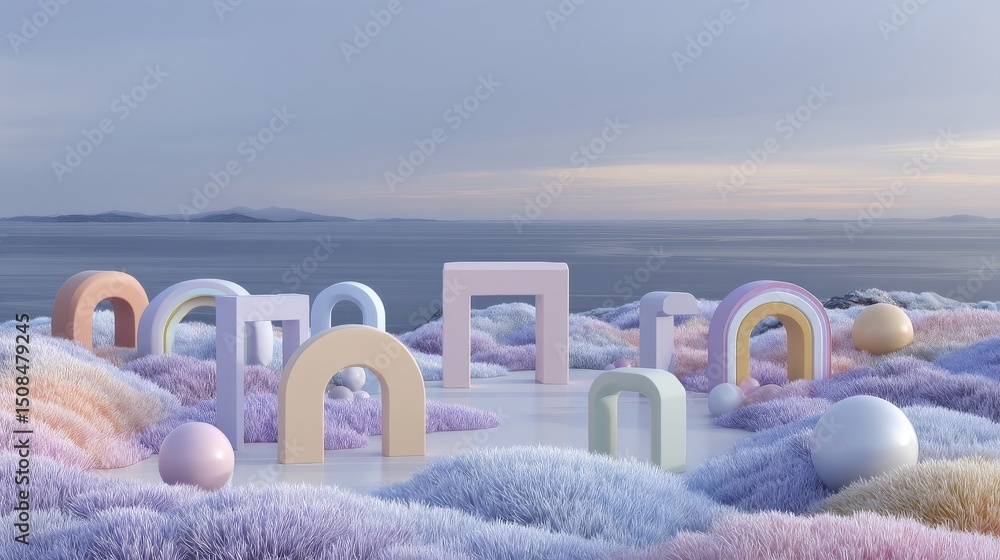 Aufkleber a colorful and abstract surreal landscape is displayed in a 3d render, featuring a pastel ball float