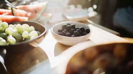 Fresh summer fruits displayed at a farmers market table basking in sunlight with colorful bowls and trays
